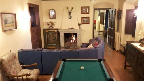 a living room with a pool table and a fireplace at Can Ventura in Sant Felíu de Pallarols