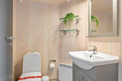 a bathroom with a sink and a toilet and a mirror at LF750-Vestervig-Gunhildsvej-30 in Vestervig