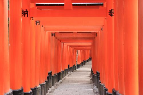 a corridor of orange torii gates in a shrine at Hotel M's Est Shijo Karasuma in Kyoto