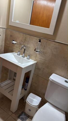 a bathroom with a sink and a toilet and a mirror at Alborada in Gualeguaychú