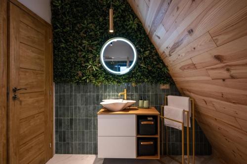 a bathroom with a sink and a mirror at Devi retreat in Arpaşu de Sus