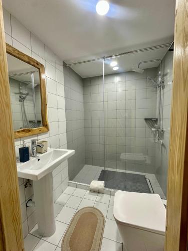 a bathroom with a shower and a sink and a toilet at Tangnuru eco yurts in Bosteri