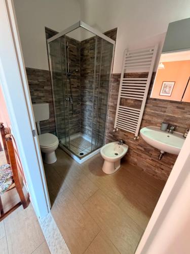 a bathroom with a shower and a toilet and a sink at I Barsan in Groppo