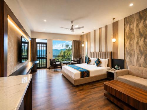 a hotel room with a bed and a balcony at Kavin - The Chail Resort in Chail