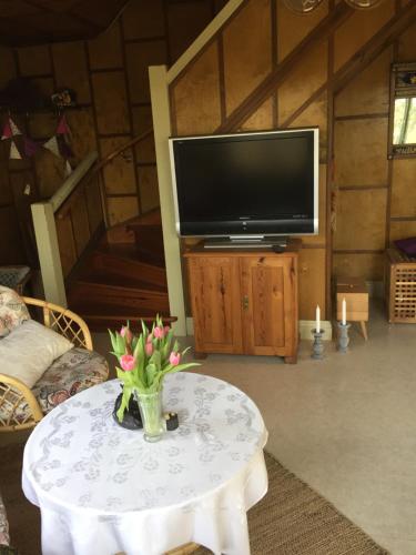 a living room with a tv and a table with flowers at Silte Siglajvs 147 in Havdhem