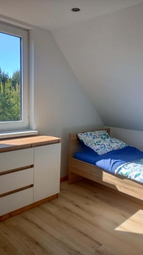 a bedroom with a bed and a window at Domek letniskowy Płaska in Płaska