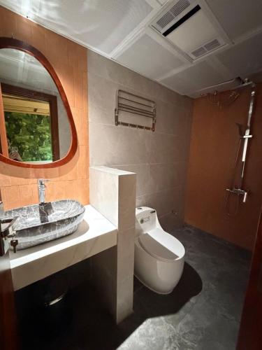 a bathroom with a toilet and a sink and a mirror at Gasu home in Ninh Binh