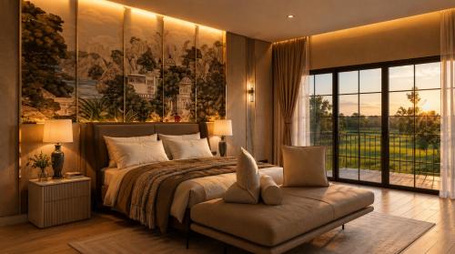 a bedroom with a large bed and a large window at Hermes Haven Hotel in Pattaya South