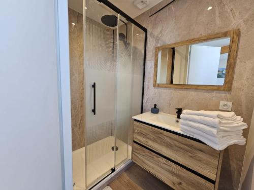 a bathroom with a shower and a sink and a mirror at Les Logis des Treize-Vents à 15 minutes du Puy duFou in Treize-Vents