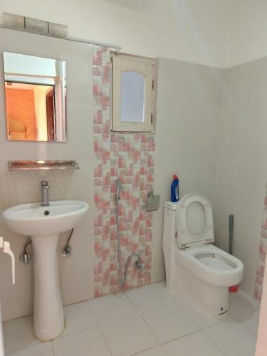 a bathroom with a sink and a toilet and a shower at Lakecity Apartment in Pokhara