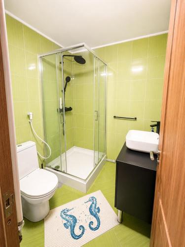a bathroom with a glass shower and a toilet at Stai Ca Acasă in Slănic-Moldova