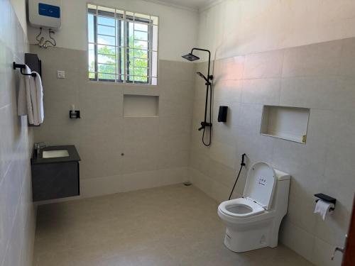 a bathroom with a toilet and a sink and a window at 2BR Apartment in Tanga in Tanga
