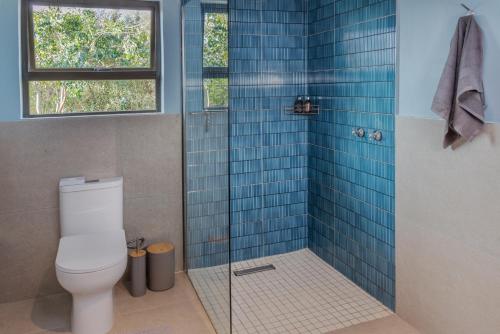 a bathroom with a toilet and a shower with blue tiles at Mountainview Sedgefield in Sedgefield