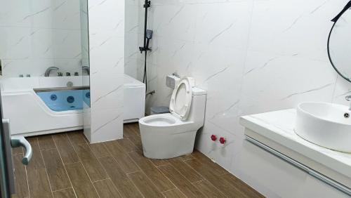 a white bathroom with a toilet and a sink at Homestay Lê Thảo in Ấp Ða Lợi