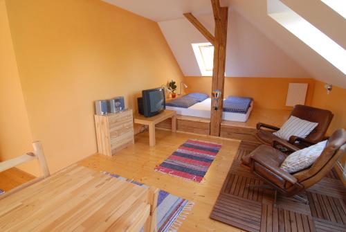 a living room with a bed and a tv at Penzion Dvůr in Obora