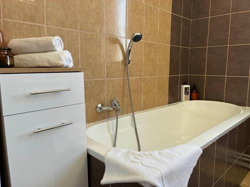 a bathroom with a bath tub with a shower at AeraSuites Komárom in Komárom
