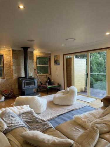 a living room with a couch and a fireplace at Serenity Rainforest Retreat With Breathtaking Gold Coast Views - Sleeps 4 - 6 people in Springbrook