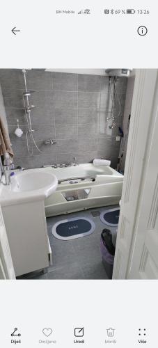 a bathroom with a sink and a toilet and a tub at Tinohovska vila in Hadžići