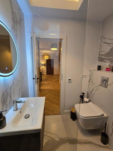 a bathroom with a white sink and a toilet at Cozy Central Home & Free Private Parking in Craiova