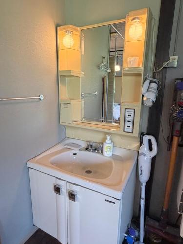 a bathroom with a sink and a mirror at KUMANOYASAI BASE in Chikatsuyu in Chikatsuyu