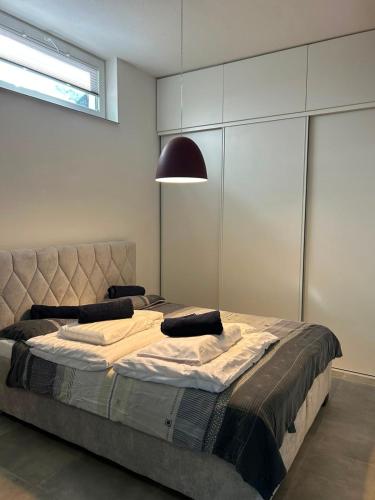 a bedroom with a large bed and a lamp at Apartmán Sebina s vinným sklípkem in Drnholec