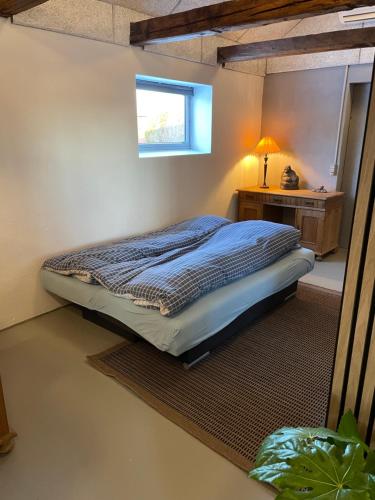 a bedroom with a bed and a table and a window at Gæstehuset in Tarm