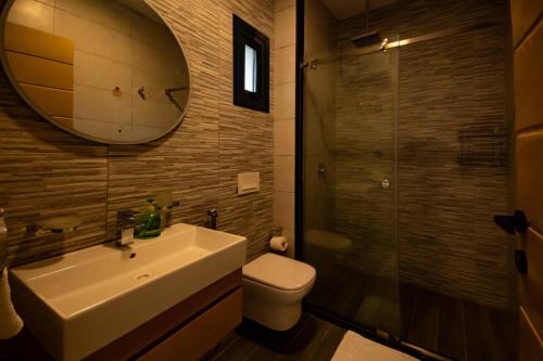a bathroom with a sink and a toilet and a mirror at Elegant Hillside Ocean Stay in Freetown