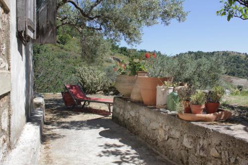 a garden with a bench and potted plants on a wall at Casa Cucuzzolo in Isca sullo Ionio