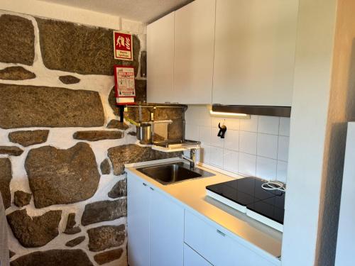 a kitchen with a sink and a stone wall at Casas da Loureira in Gondarém