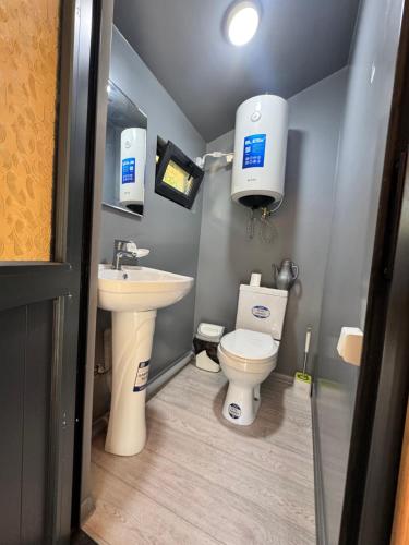 a small bathroom with a toilet and a sink at SELKINCHEK resort in Kugart