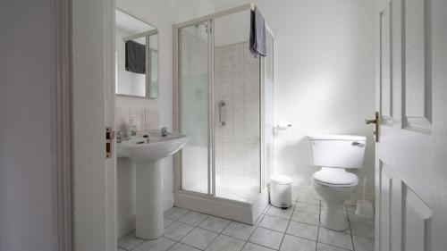 a bathroom with a toilet and a shower and a sink at Renard Lodge in Cahersiveen