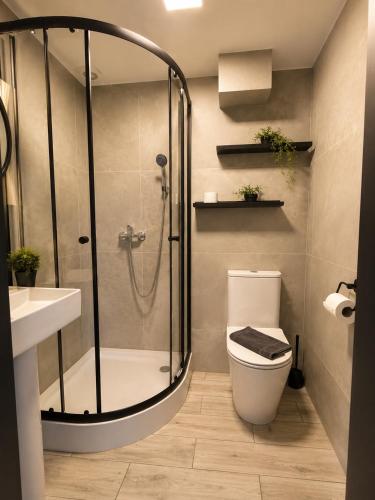 a bathroom with a shower and a toilet and a sink at Resort Eden Premium Domki Jacuzzi, sauna in Jastrzębia Góra