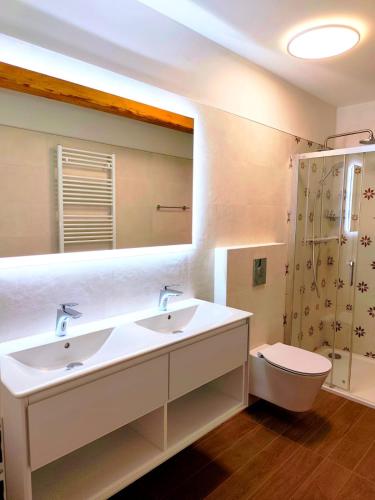a bathroom with two sinks and a shower at Statek u Juzů in Dolní Újezd