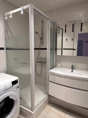 a bathroom with a shower and a sink and a washing machine at 50 pas de l'Ô in Saint-Cyr-sur-Mer