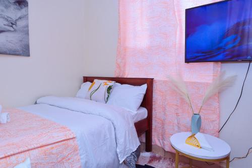 a bedroom with a bed and a tv on a wall at Manta homes studio Apartments in Thika