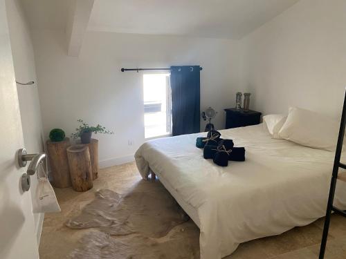 a bedroom with a bed with two bags on it at Duplex cosy 2 chambres in Vals-les-Bains