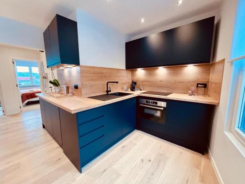 a kitchen with blue cabinets and a counter top at Cosy Of John Cockerill in Seraing