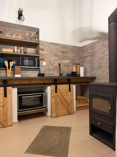a kitchen with a counter with a microwave and a stove at Mlýn Slavonice in Slavonice