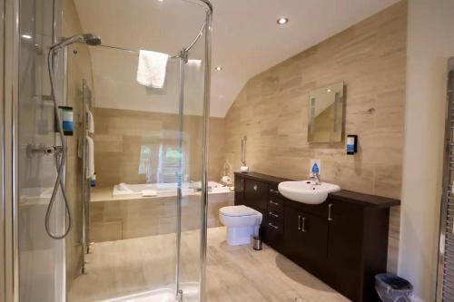 a bathroom with a shower and a toilet and a sink at Moyvalley Hotel & Golf Resort in Enfield