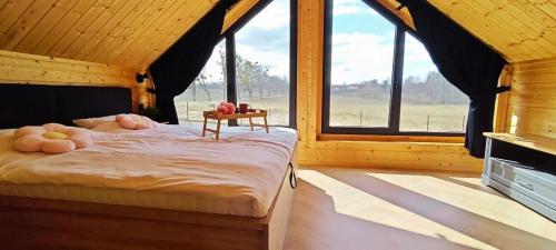 a bedroom with a bed in a room with windows at Mazurska Puszcza domek pod klonem z balią ogrodową in Budy