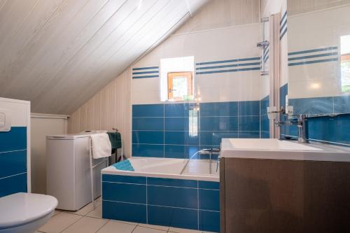 a blue and white bathroom with a sink and a toilet at Gîte l'anémone 6/7 personnes in Saint-Pierre-des-Tripiers