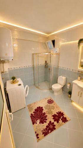 a bathroom with a shower and a toilet and a rug at Trabzon Zingila Residence in Yomra