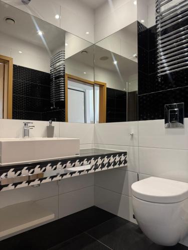 a bathroom with a toilet and a sink and a mirror at Apartament Piano 21 in Opole