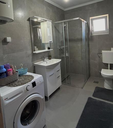 a bathroom with a washing machine and a shower at Apartman Šarenac in Bileća