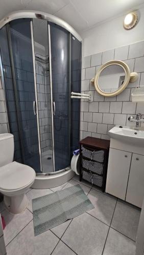 a bathroom with a shower and a toilet and a sink at Keja II in Łeba