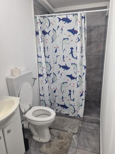 a bathroom with a toilet and a shower curtain with dolphins at Casa Florentina in Făgăraş