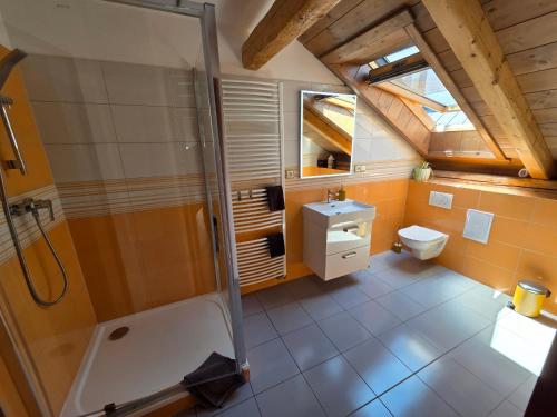 an attic bathroom with a shower and a toilet at Apartmán U lípy in Semily