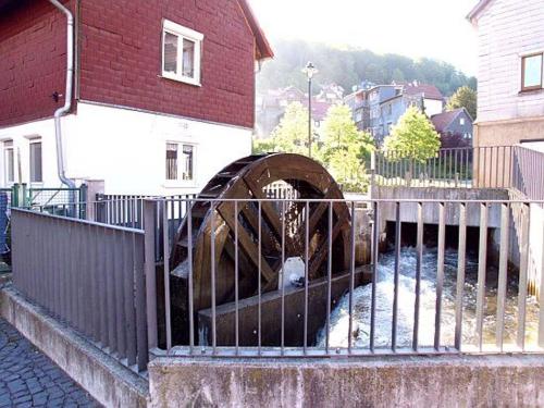 a dog in a fence next to a building at Fewo am Wasserrad in Ruhla