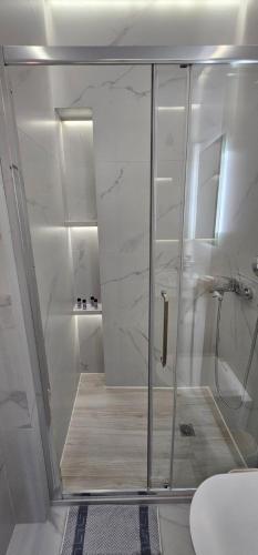 a shower with a glass door in a bathroom at Το Είδωλον Sea Maisonettes & Studio in Ancient Epidauros