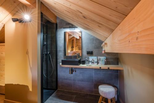 a bathroom with a sink and a mirror at Jag Peak in Champcella
